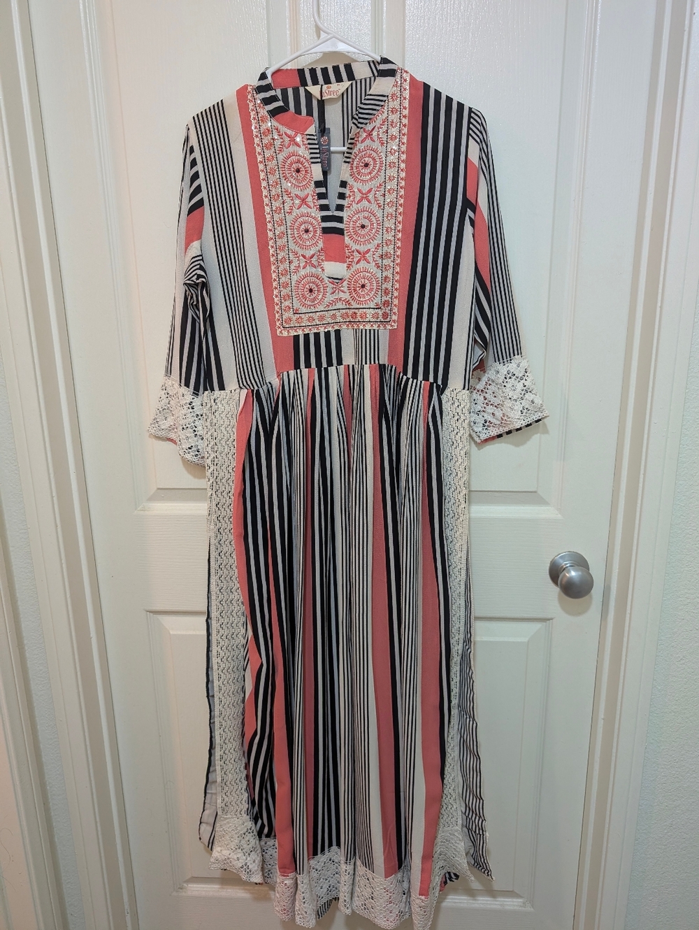 Embroidered Coral, Black & White Striped Maxi Dress
